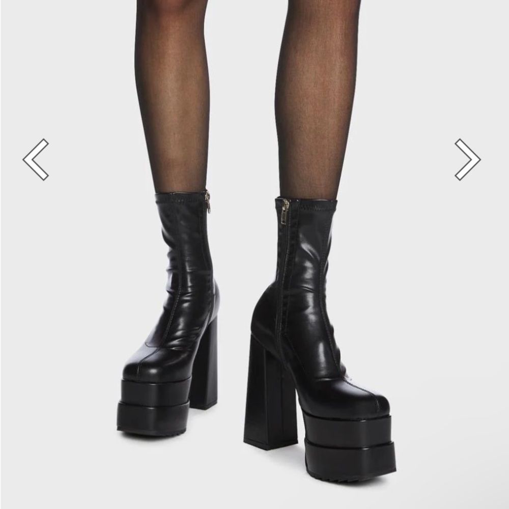 Platform Boots for Women Square Toe Chunky High Heels Platform Side Zipper